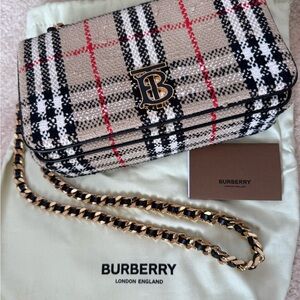 Burberry Beige Check TB Gold-Trim Chain Crossbody Bag